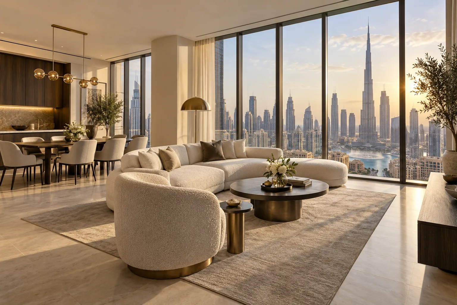 Refined contemporary apartment interior overlooking Downtown Dubai