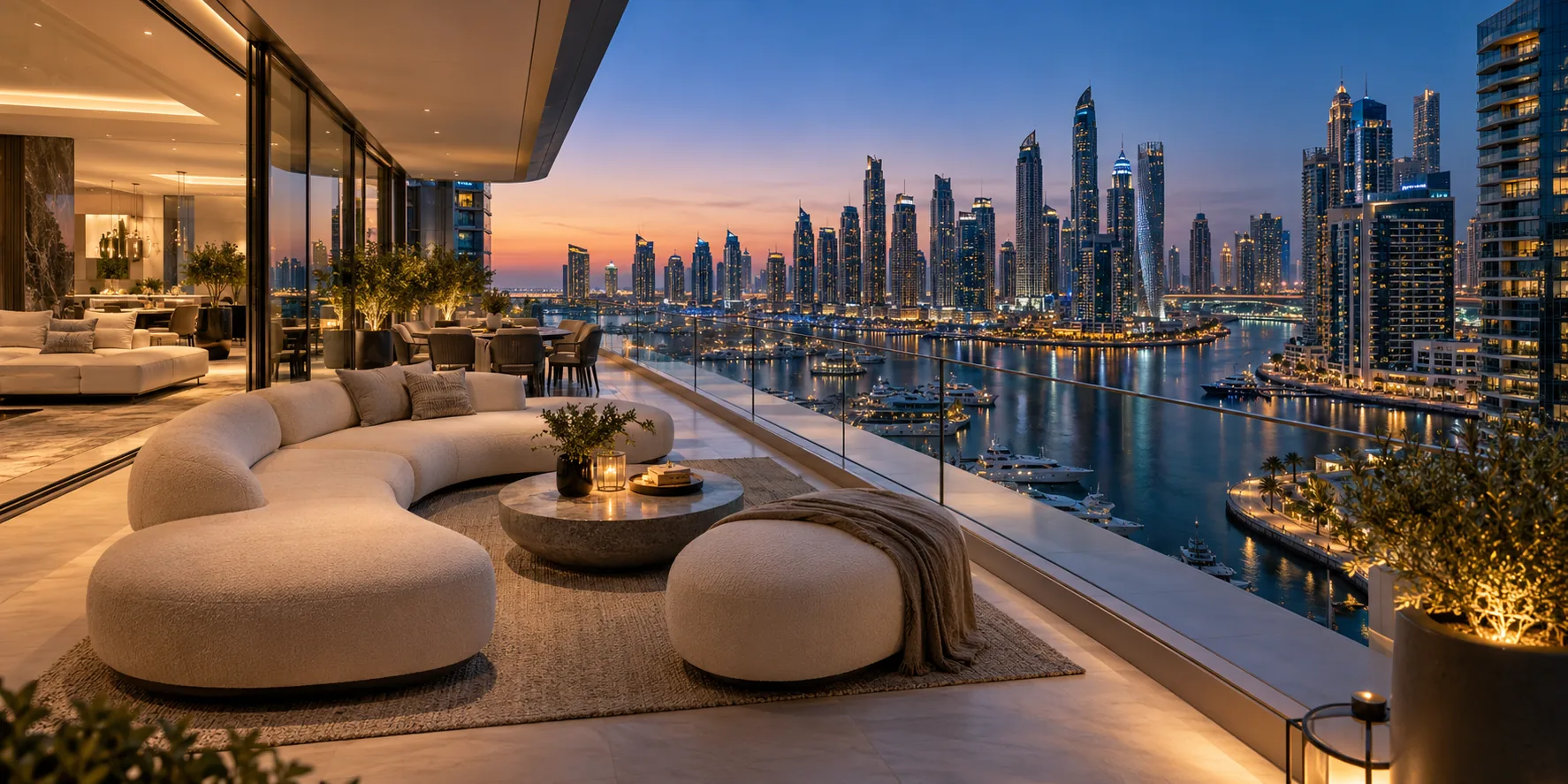 Dubai waterfront residence at evening